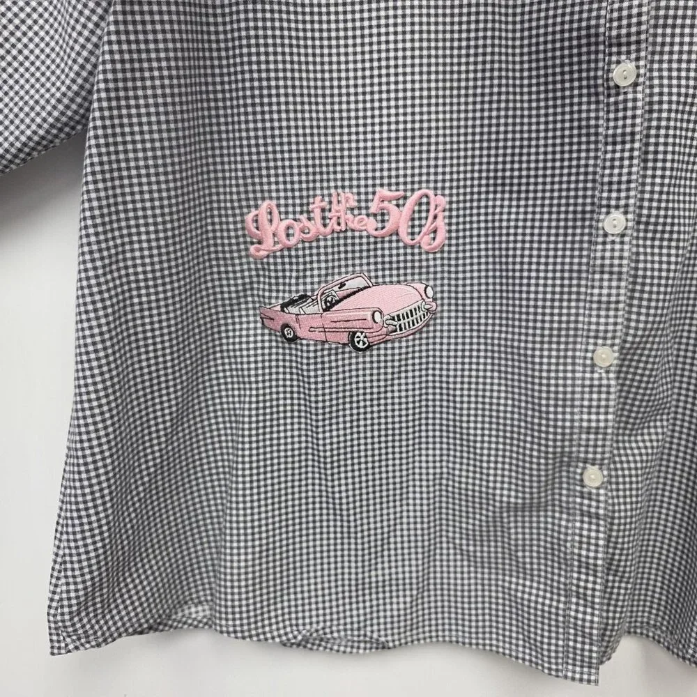 Las Olas Shirt Womens 1X Black Check Button 50s Rock Car Dancers Embroidered Top - Picture 3 of 10